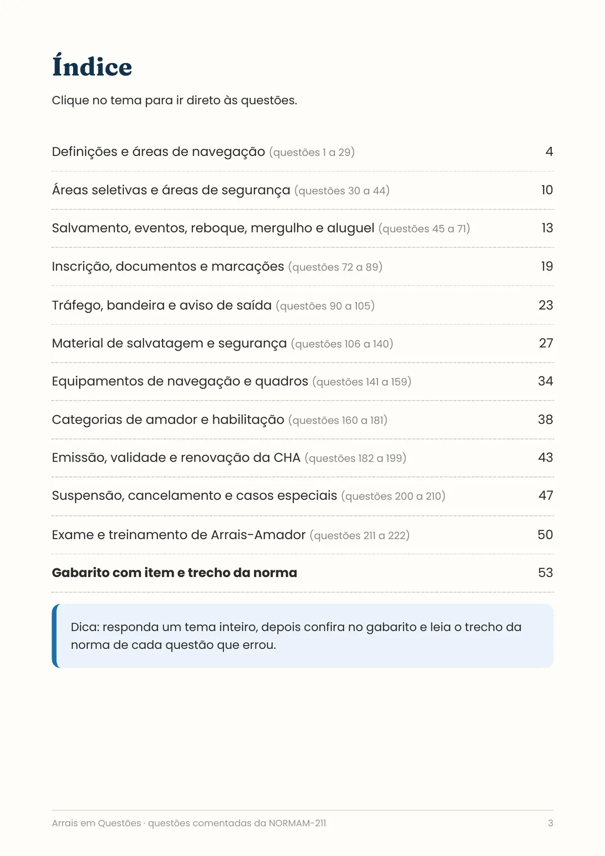 Página real do PDF Arrais em Questões: índice por tema